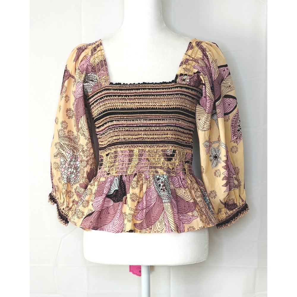 Omika Smocked Blouse Floral Cottagecore Puff Sleeve Small Coquette Y2K Peplum S